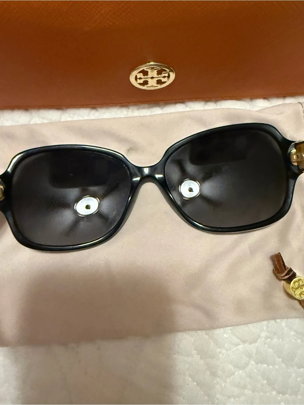 Tory Burch Black Sunglasses with Orange Case and Cream Pouch